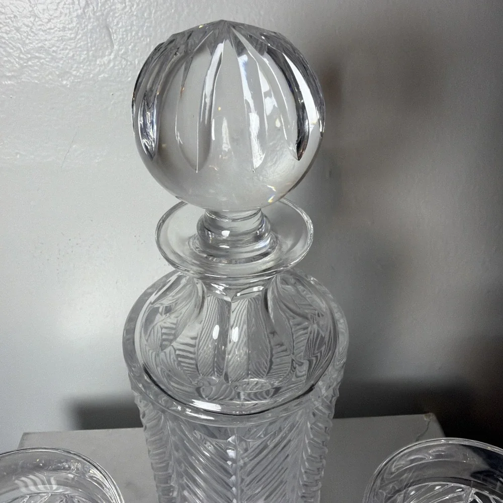Vintage Ralph Lauren Herringbone Cut Crystal Decanter & 2 High Ball Glasses NEW